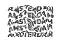 Amsterdam typography text or slogan. Wavy letters with grunge, rough texture. T-shirt graphic with ripple or glitch effect.